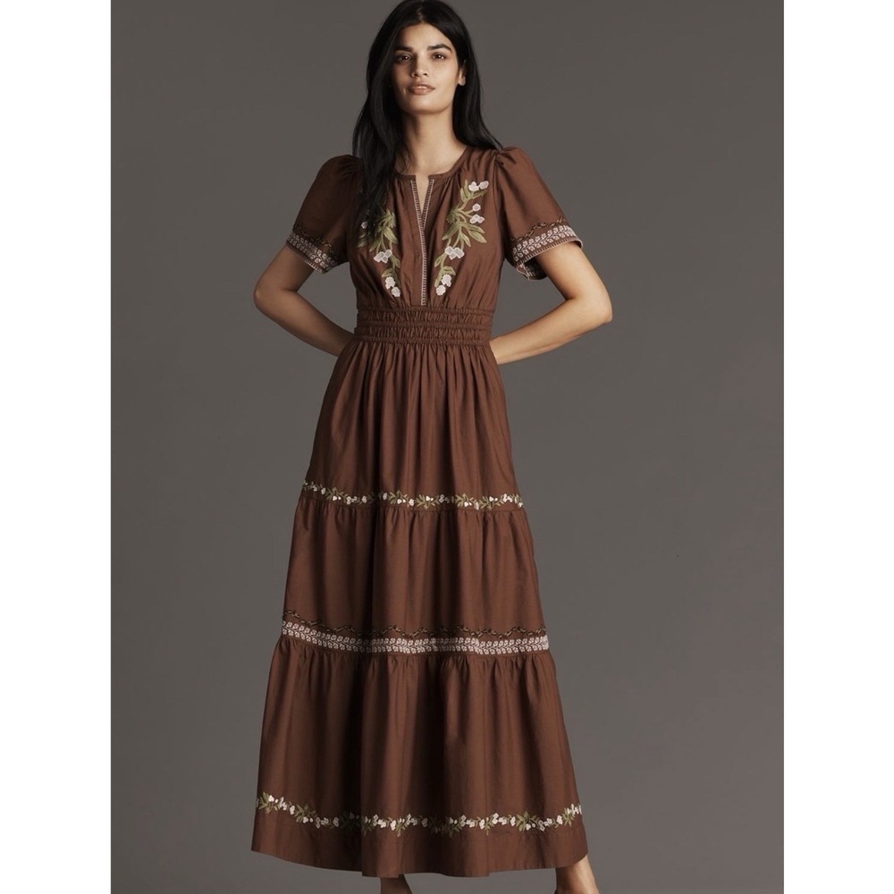 anthropologie somerset maxi dress  Embroidered Edition Women's Large Brown Flaw